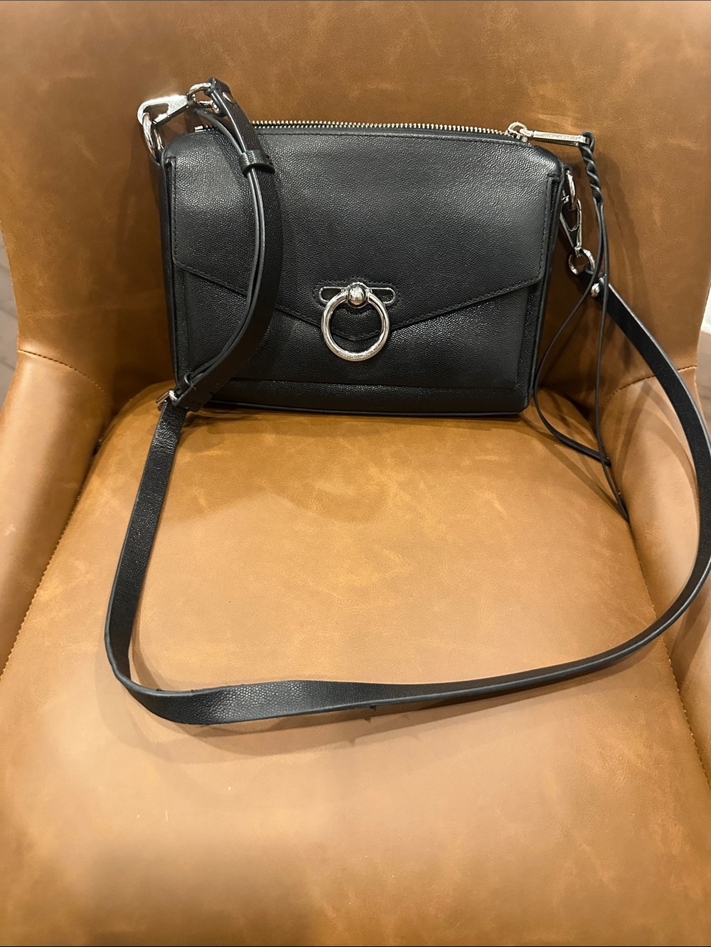 Rebecca Minkoff Black Leather Crossbody with Silver Ring Hardware